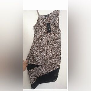 Bebe Leopard Print Asymmetrical Slip Dress with Black Hem NWT
